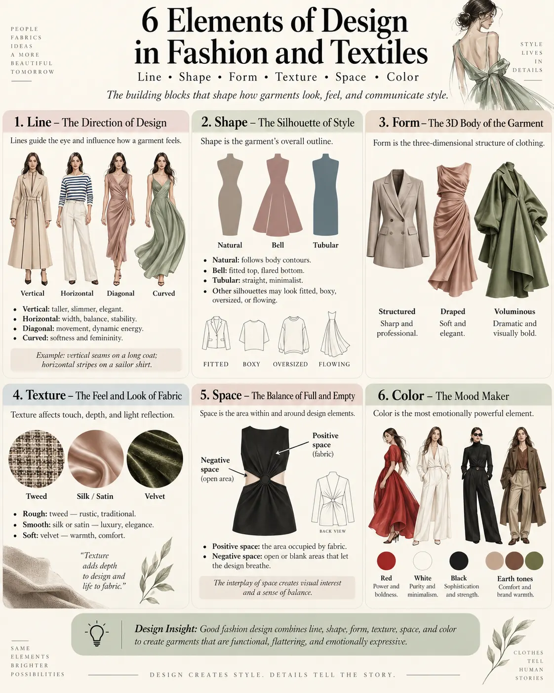 6 Elements of Design in Fashion and Textiles Line Shape Form Texture Space Color