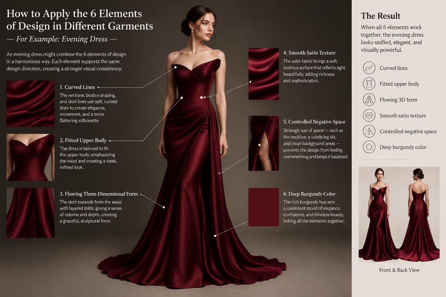 How to Applying 6 Elements of Design in Different Garments For Example Evening Dress