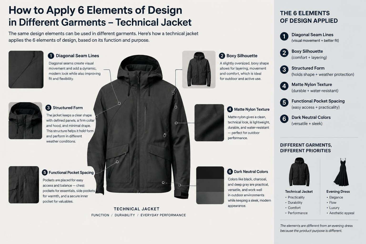 How to Applying 6 Elements of Design in Different Garments For Example Technical Jacket