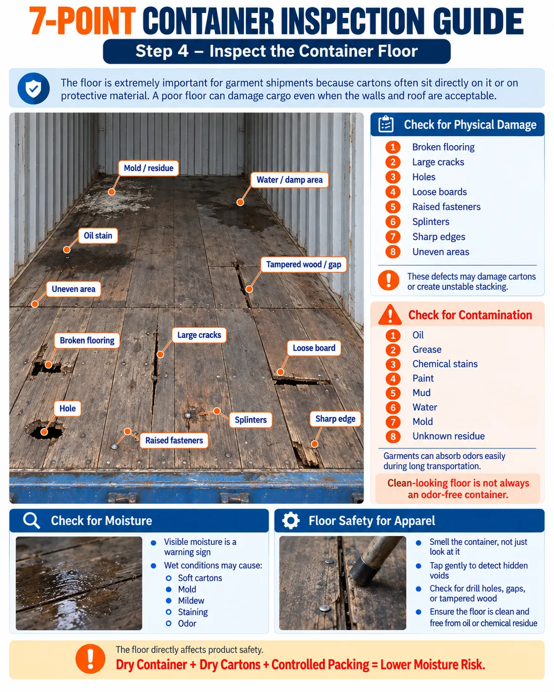 The floor directly affects product safety. Look for drill holes, gaps, or tampered wood. Tap gently to detect hidden voids. Ensure the floor is clean, free from oil stains or chemical residues that could ruin your garments.