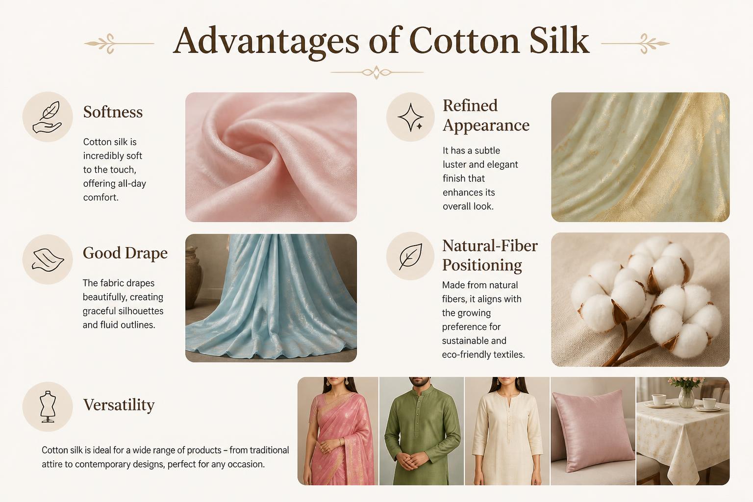Advantages of Cotton Silk Softness Refined Appearance Good Drape Natural Fiber Positioning Versatility