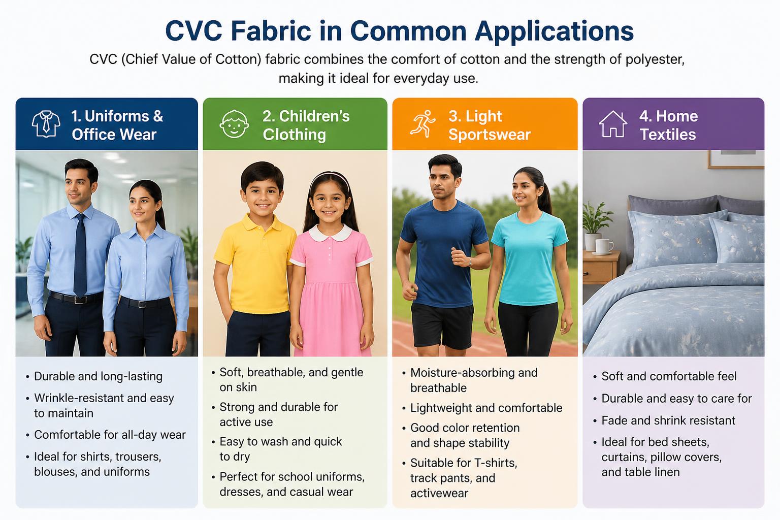 CVC Fabric in Common Applications Uniforms Office Wear Childrens Clothing Light Sportswear Home