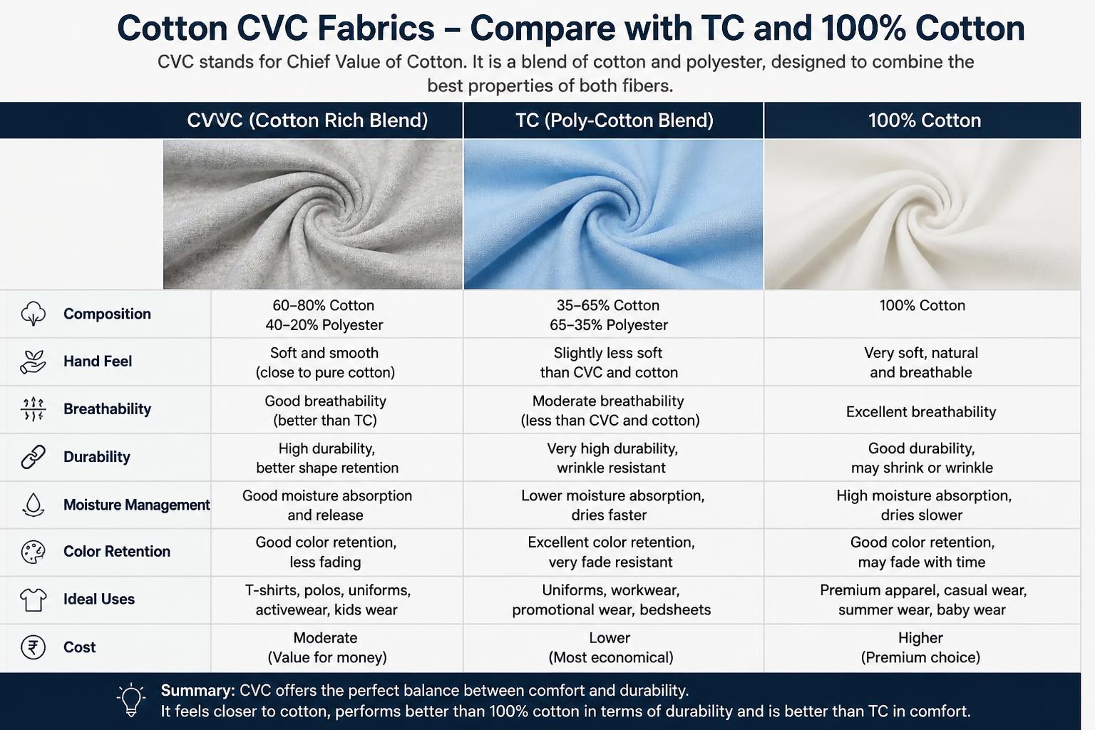 Cotton CVC Fabrics Compare with TC and 100 cotton
