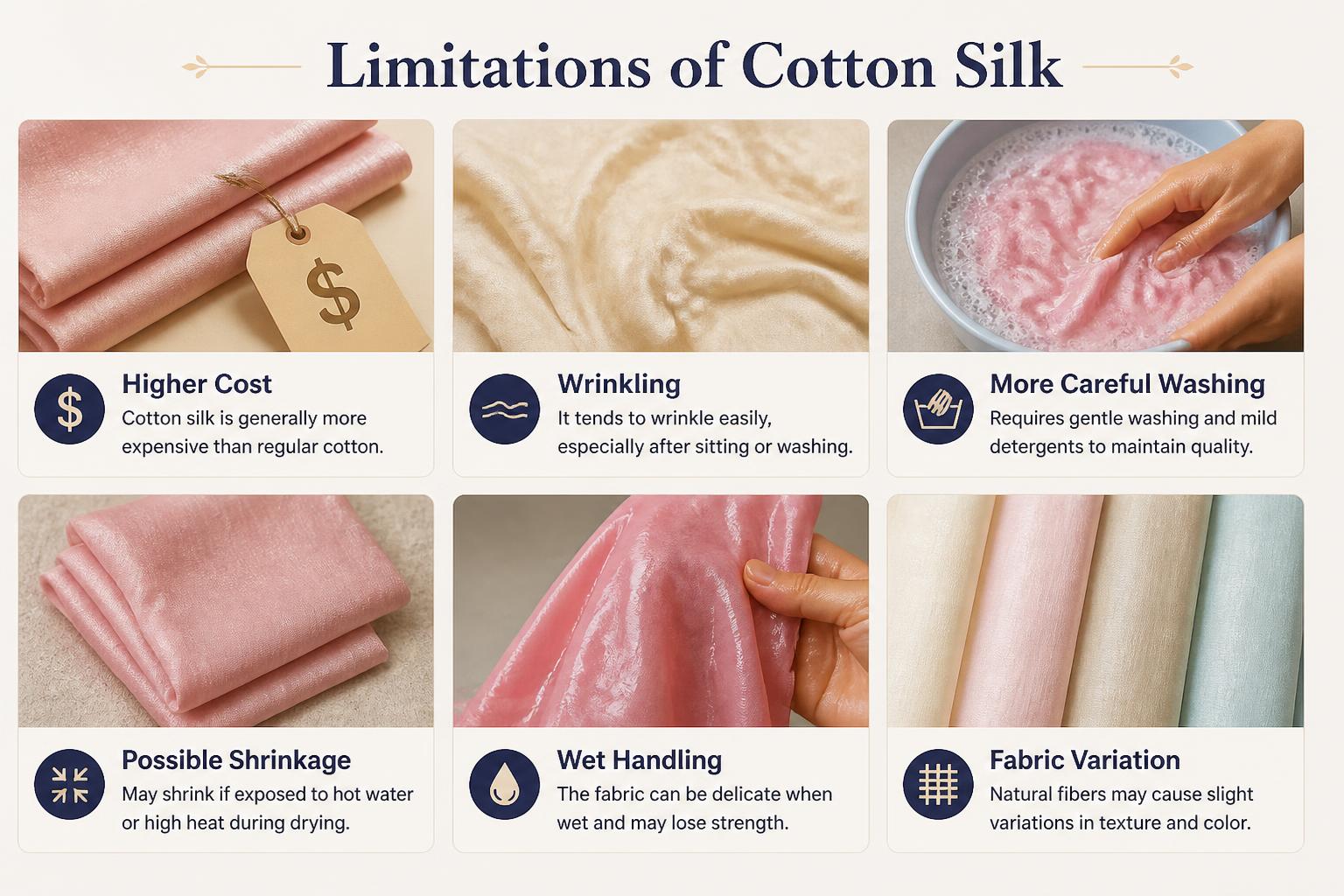 Limitations of Cotton Silk Higher Cost Wrinkling More Careful Washing Possible Shrinkage Wet Handling Fabric Variation