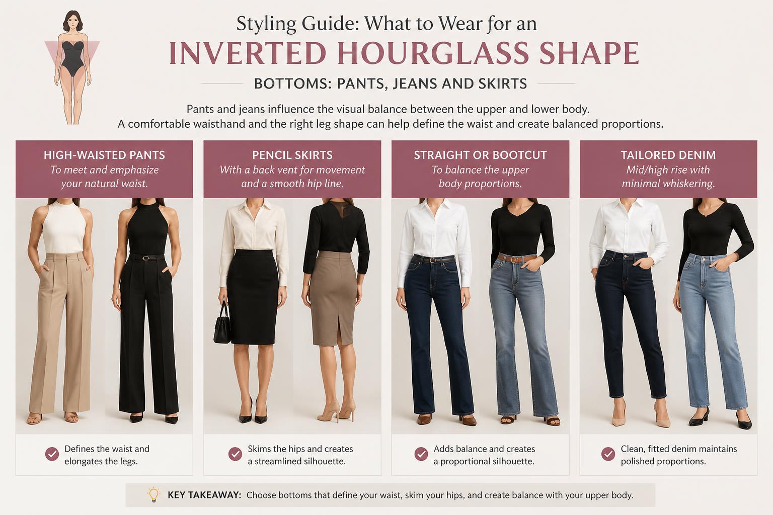 Styling Guide What to Wear for an Inverted Hourglass Shape Bottoms Pants Jeans and Skirts