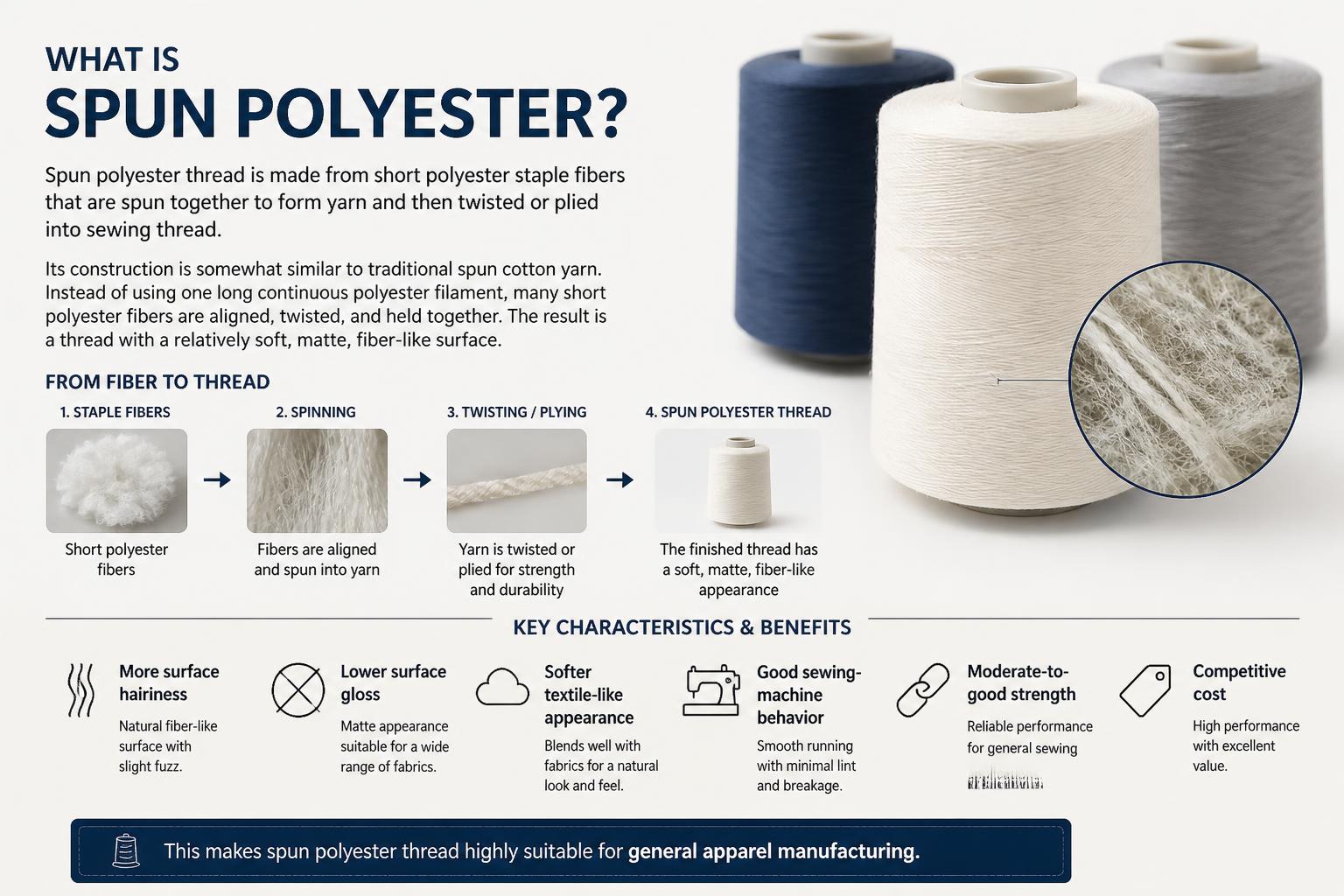 Spun polyester is created by spinning short staple fibers together, resulting in a hairy surface that mimics the texture of cotton while retaining the durability of synthetic polymers. This fuzzy exterior provides natural lubrication, effectively reducing needle heat during high-speed industrial sewing. It remains one of the most cost-effective options for mass production.