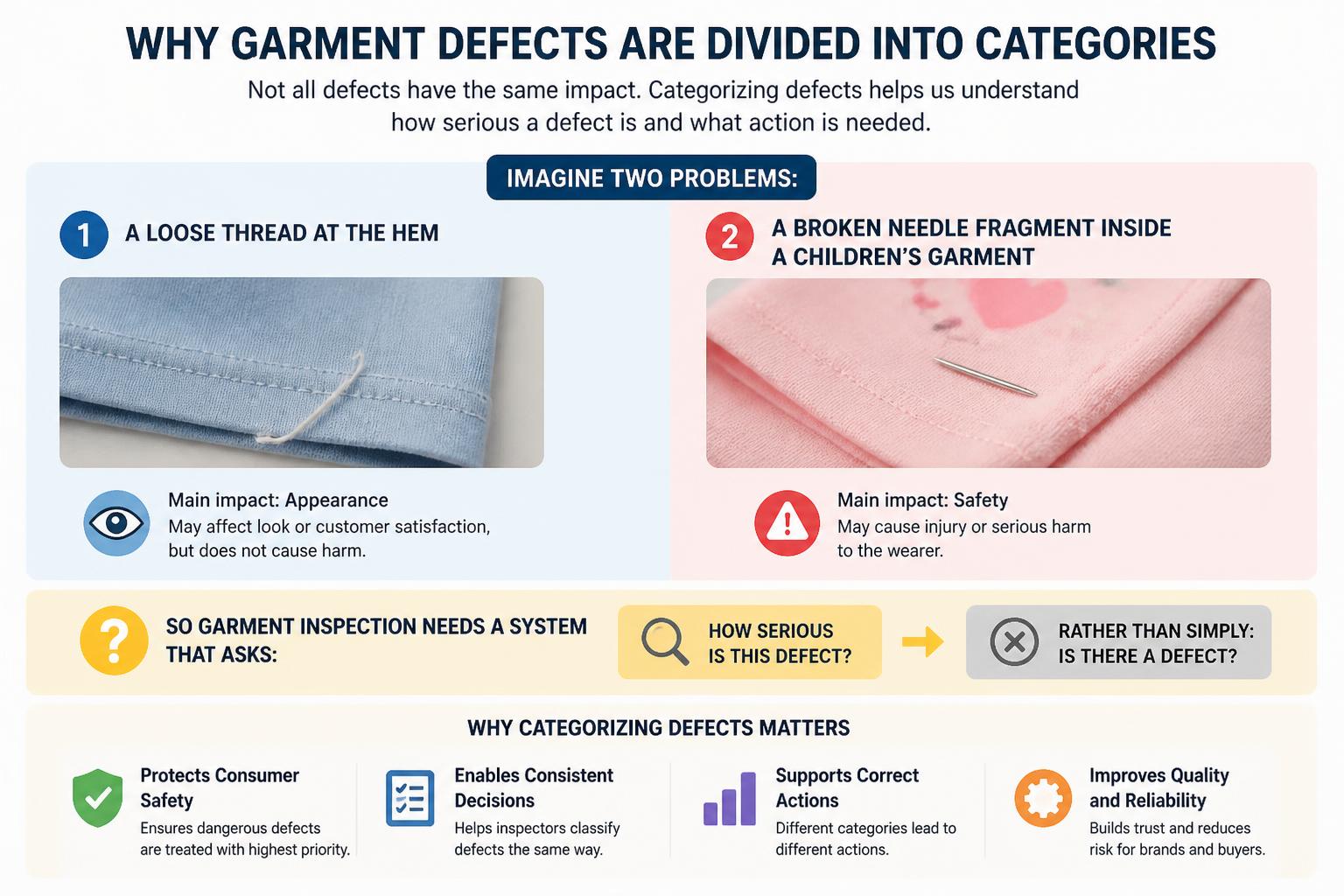 Critical major and minor defects in garments