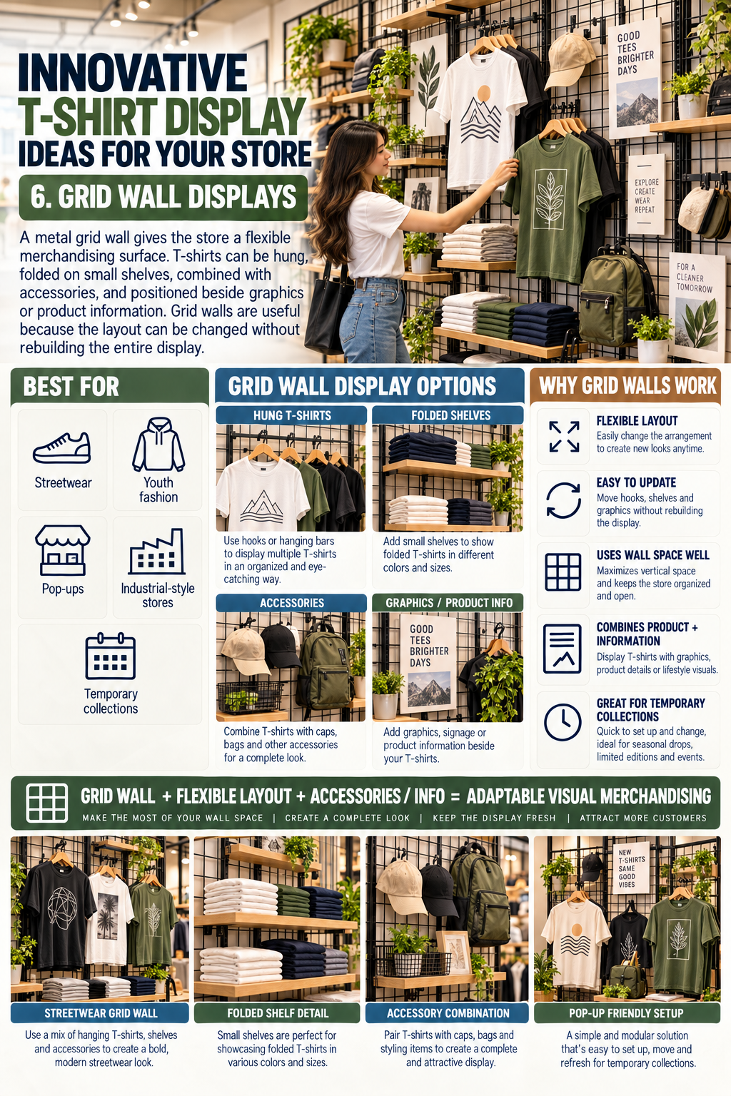 Innovative T Shirt Display Ideas for Your Store 6. Grid Wall Displays