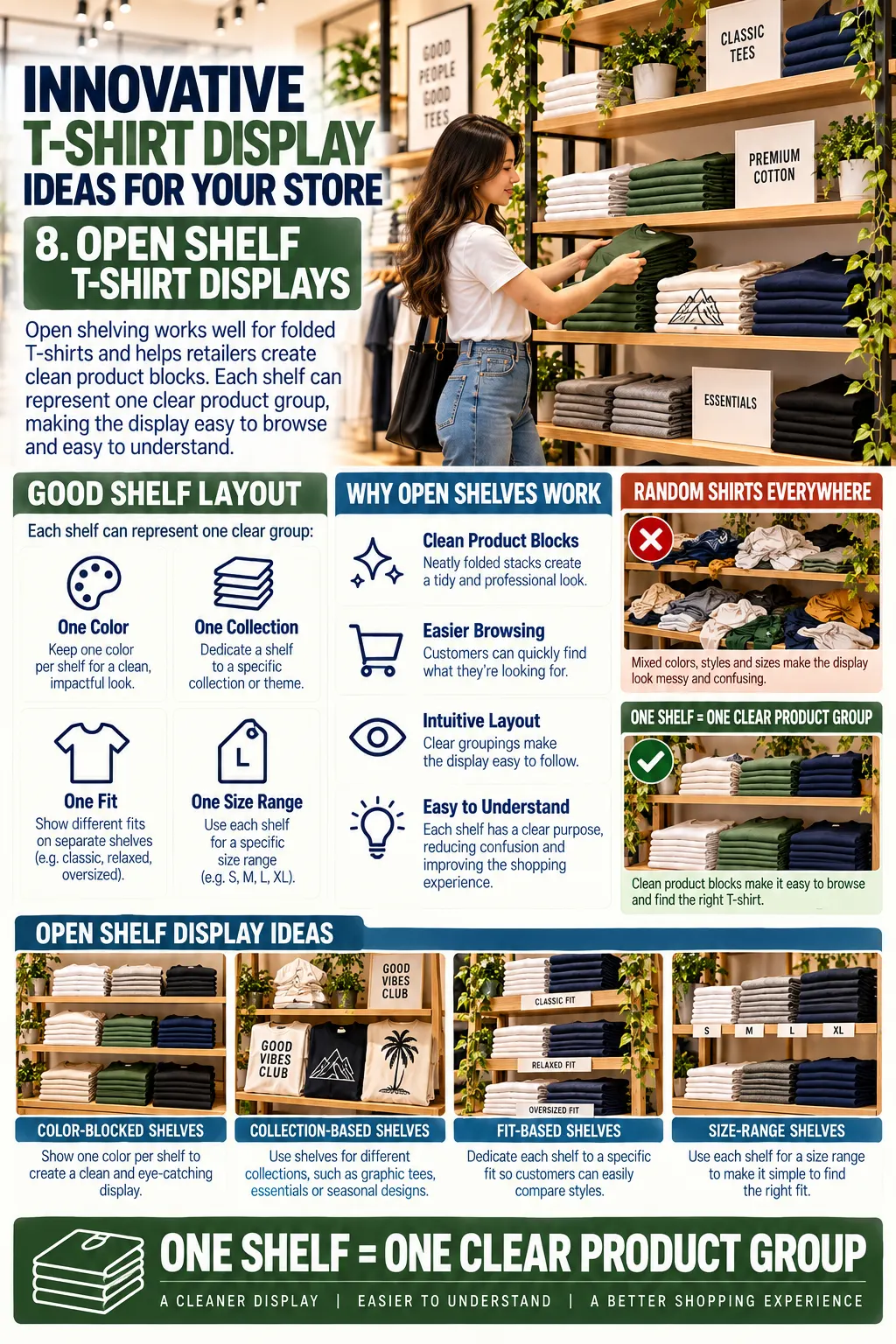 Innovative T Shirt Display Ideas for Your Store 8. Open Shelf T Shirt Displays 1
