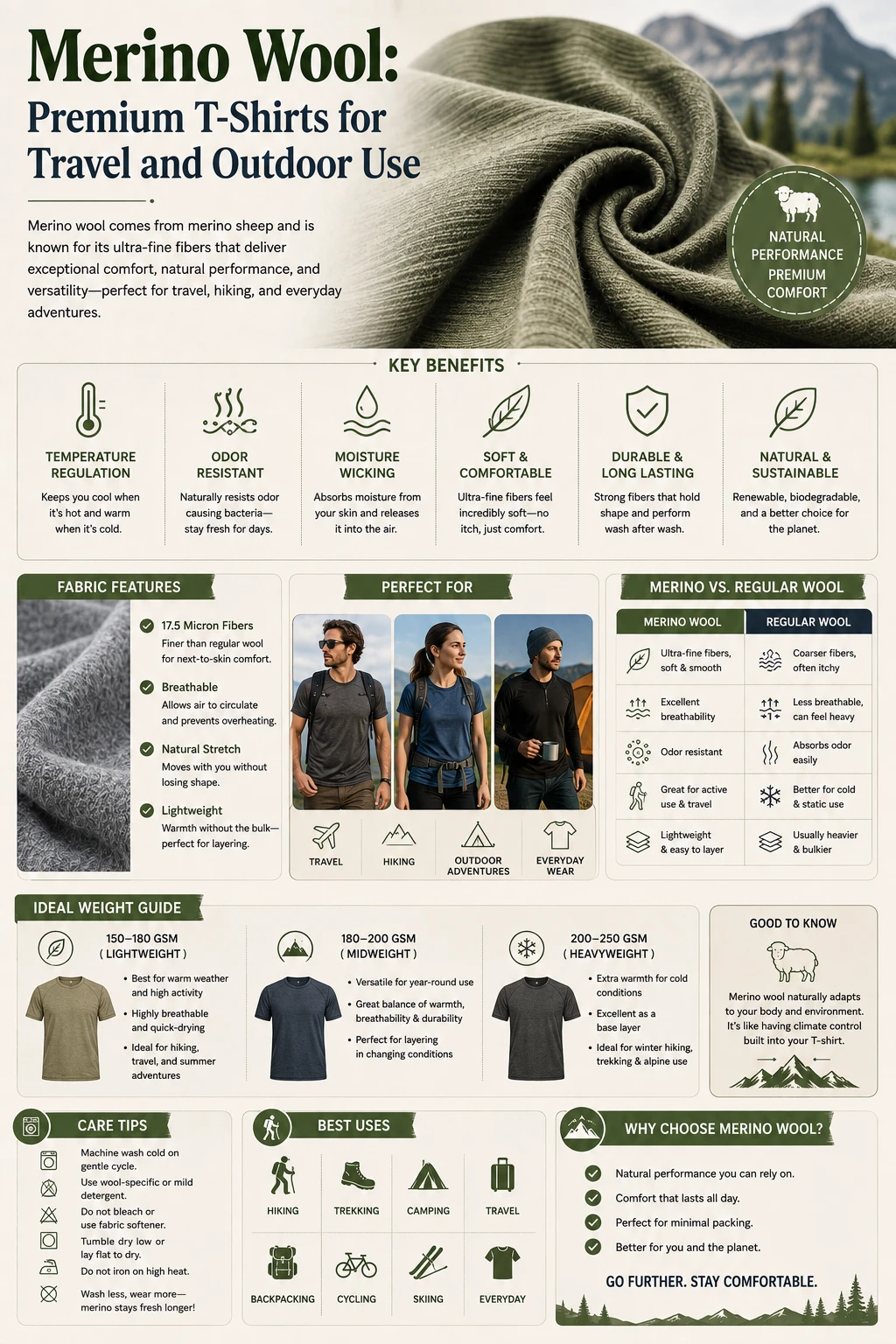 Merino Wool Premium T Shirts for Travel and Outdoor Use