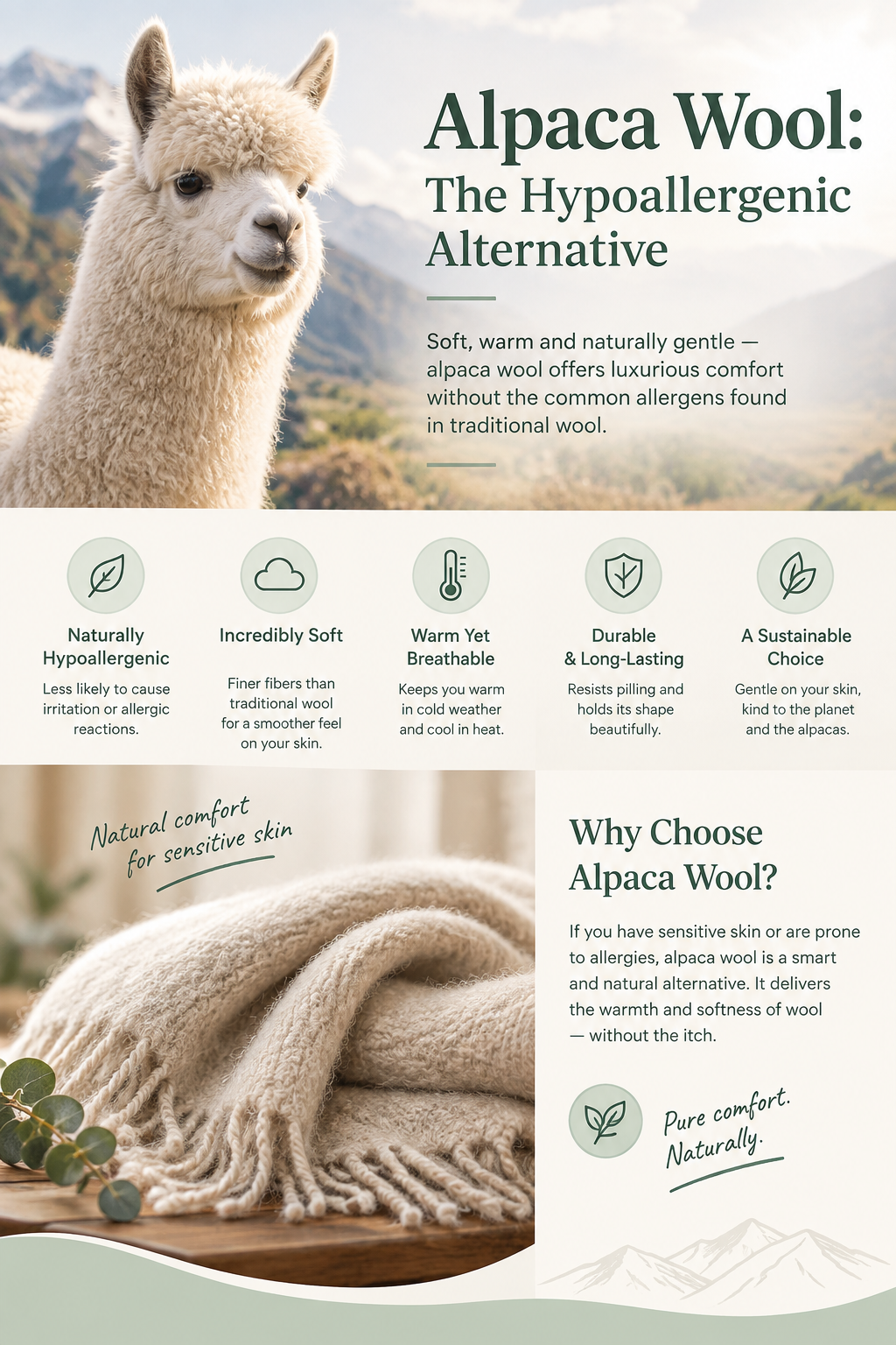 Alpaca fiber comes from alpacas raised primarily in South America.