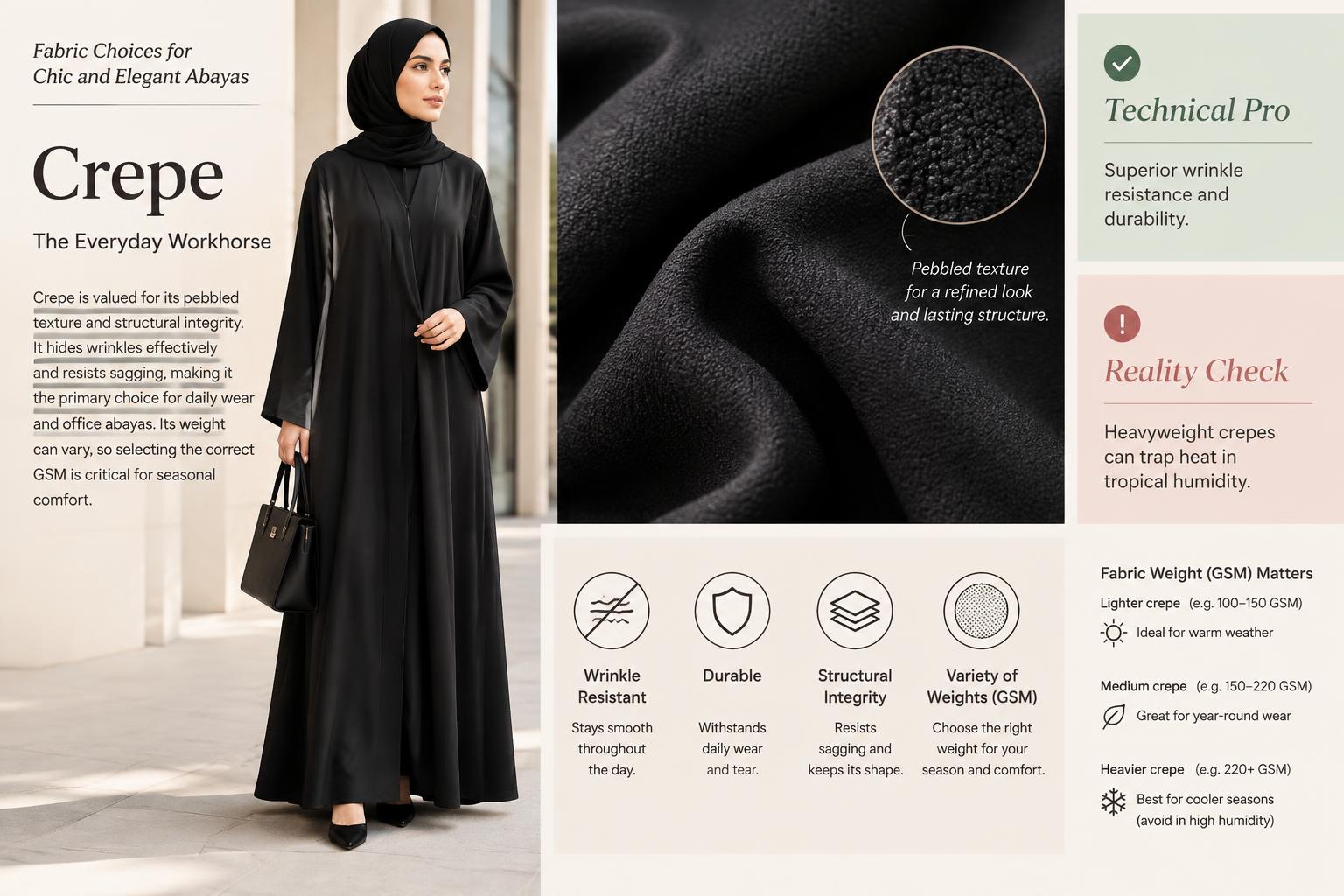 Fabric Choices for Chic and Elegant Abayas Crepe The Everyday Workhorse
