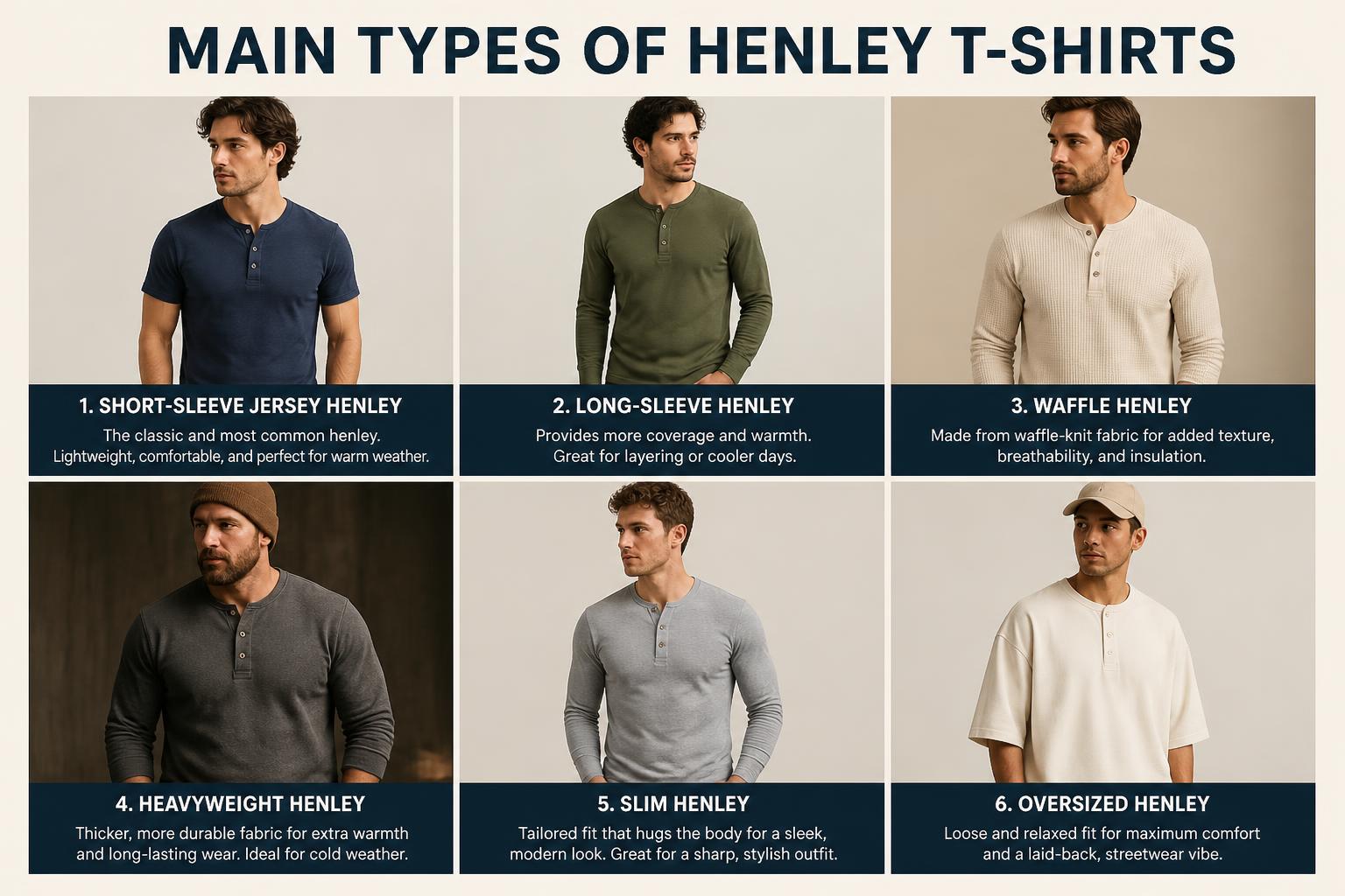Main Types of Henley T Shirts Short Sleeve Jersey Henley Long Sleeve Henley Waffle Henley Heavyweight Henley Slim Henley Oversized Henley. 2