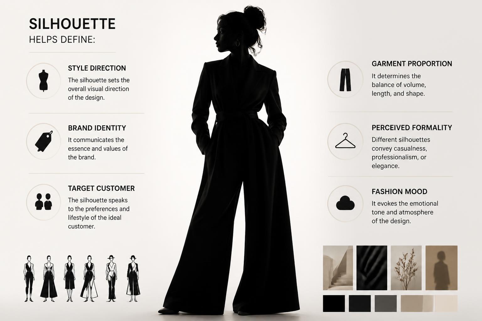 Silhouette helps define Style direction Brand identity Target customer Garment proportion Perceived formality Fashion mood