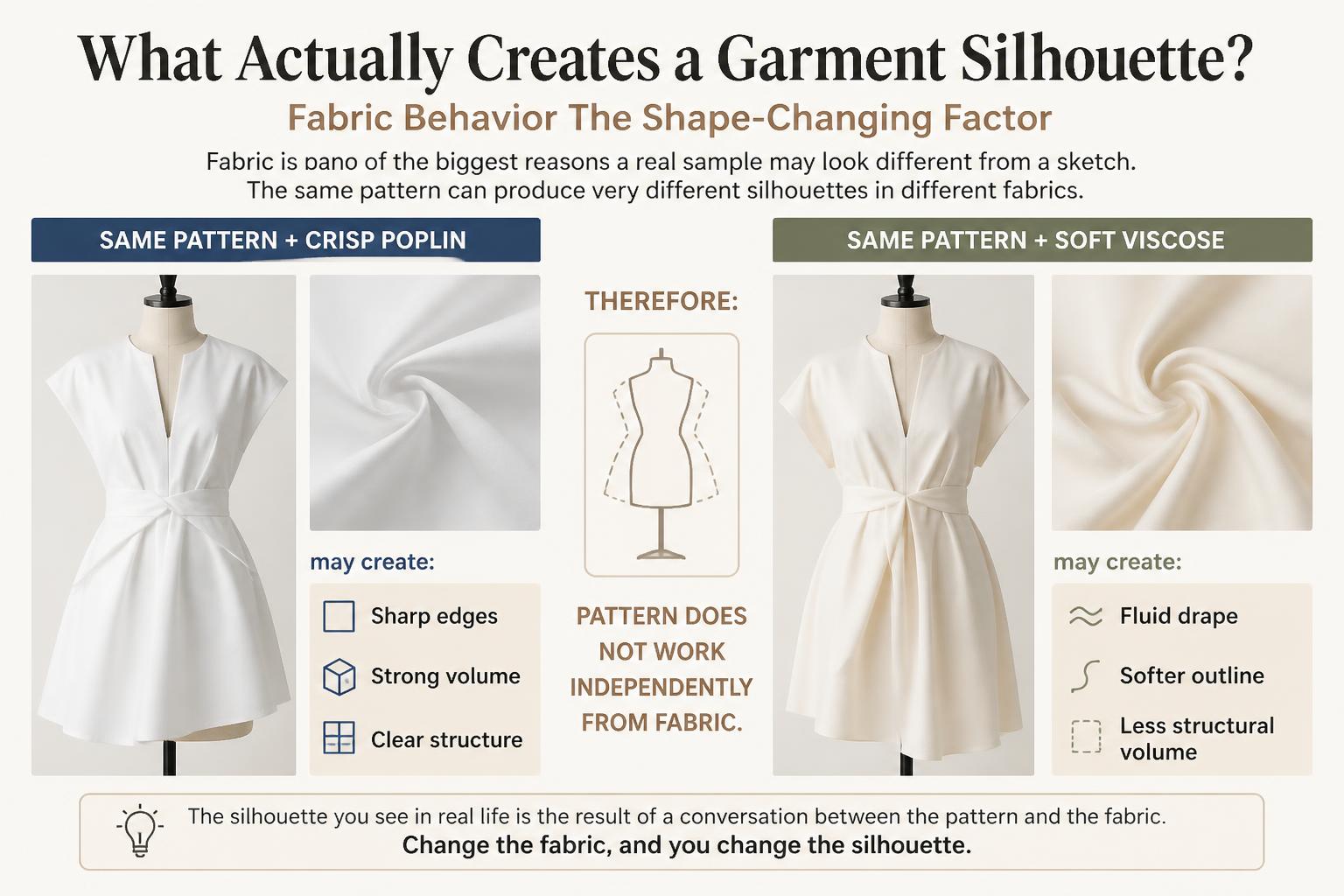The same pattern can look sharp in a stiff fabric but droopy in a soft one. Stiff fabric holds edges, while soft fabric drapes and collapses.
