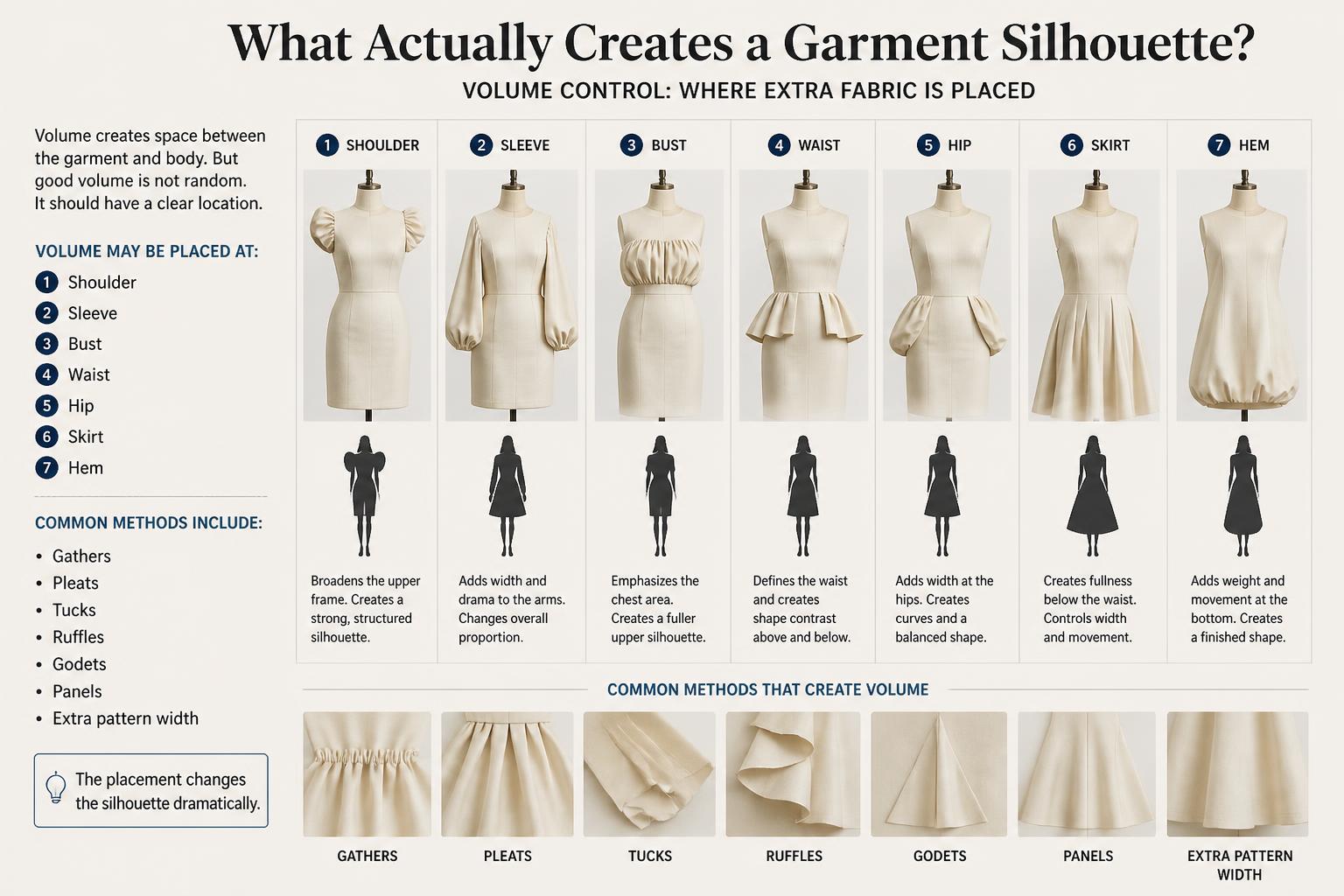 Volume is not random; it has an address. Decide where the garment should be roomy using gathers, pleats, tucks, or extra panels. Placement determines whether a shape looks intentional or messy.