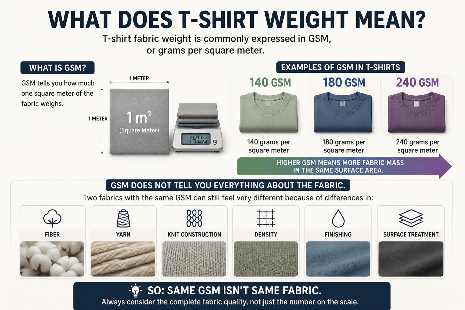 T-shirt weight refers to how dense the fabric is. It is usually measured in GSM (grams per square meter) or ounces per square yard (oz/yd&sup2;).