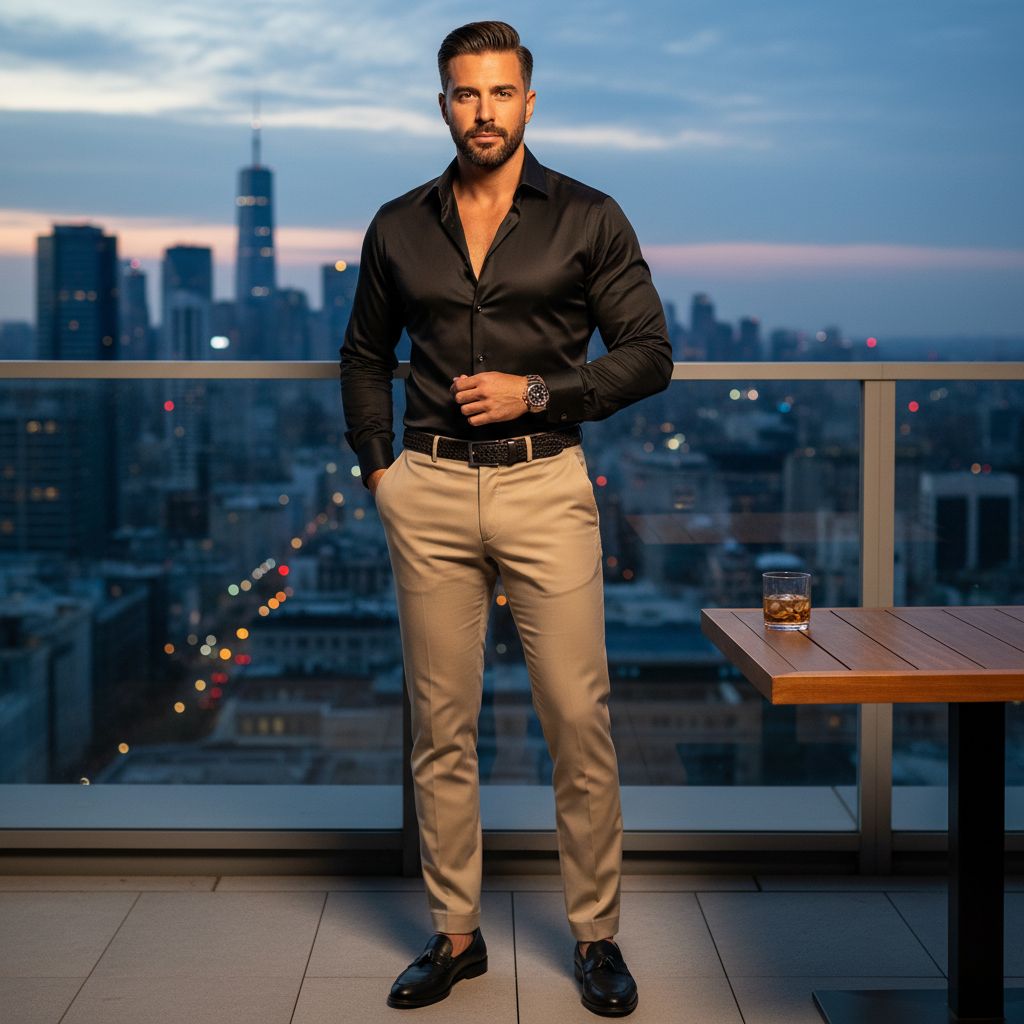 10 Colors That Make Men Look Rich Powerful Black Shirt with Beige Pants