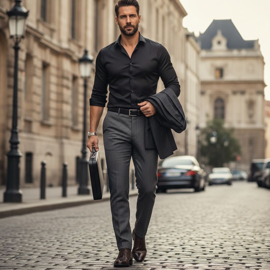10 Colors That Make Men Look Rich Powerful Black Shirt with Gray Pants