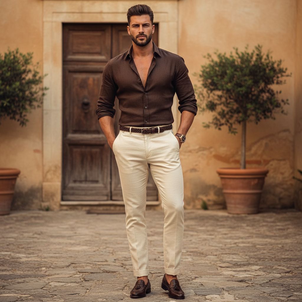 10 Colors That Make Men Look Rich Powerful Dark Brown Shirt with Cream Pants