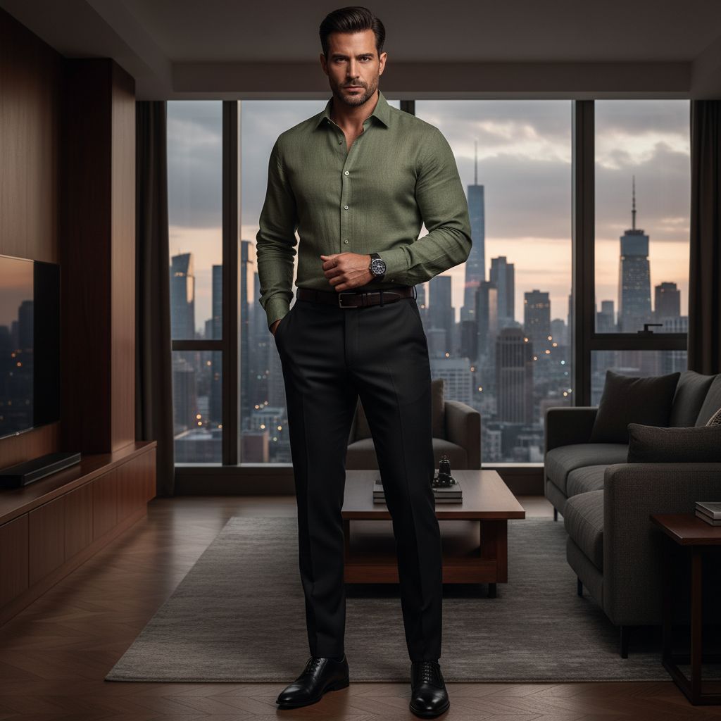 10 Colors That Make Men Look Rich Powerful Olive Shirt with Black Pants