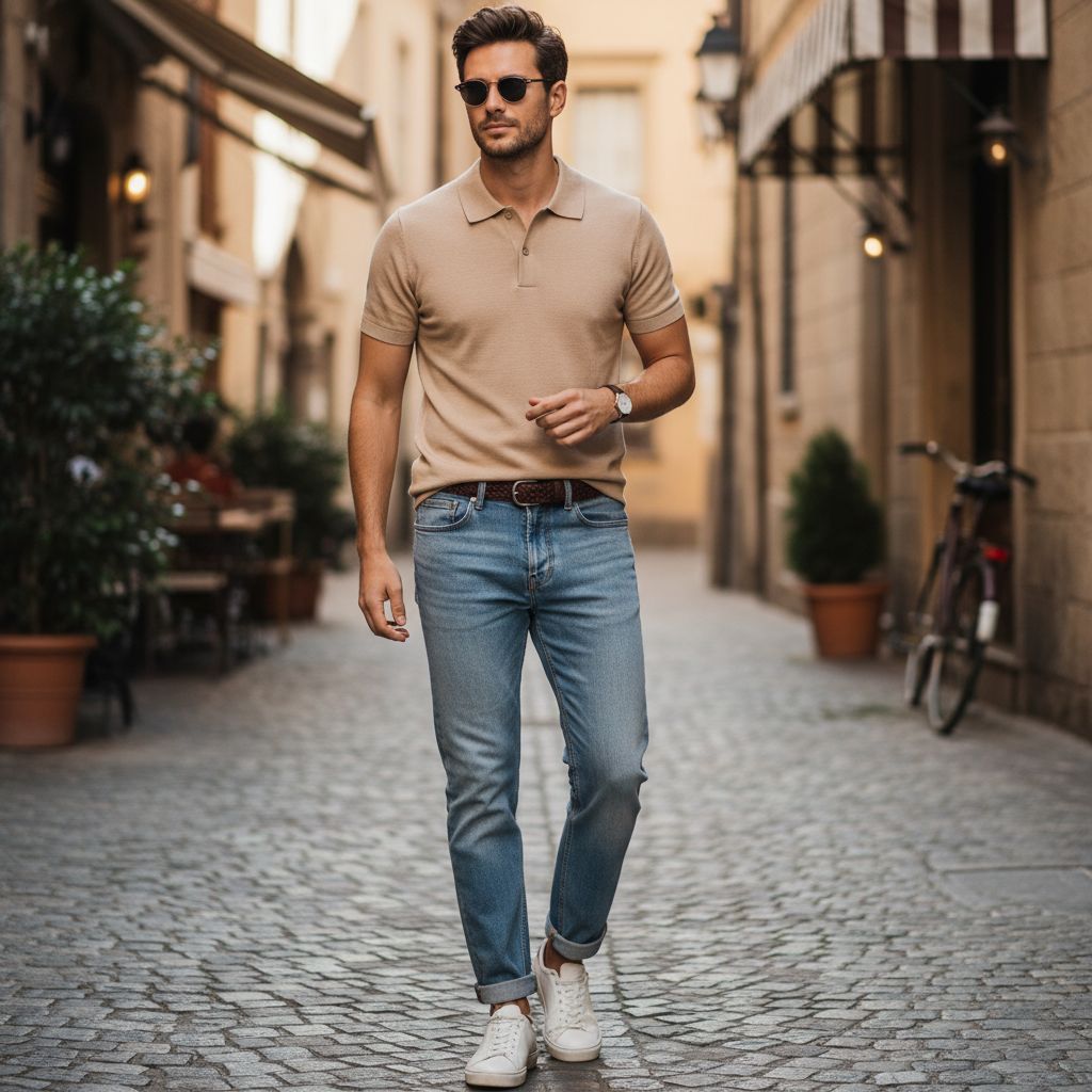 8 Polo Shirt and Jeans Looks That Never Go Out of Style Beige Polo Shirt with Light Wash Jeans