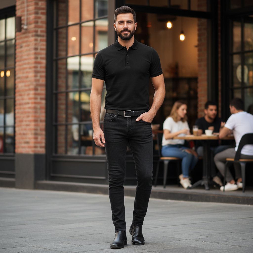 8 Polo Shirt and Jeans Looks That Never Go Out of Style Black Polo Shirt with Black Jeans