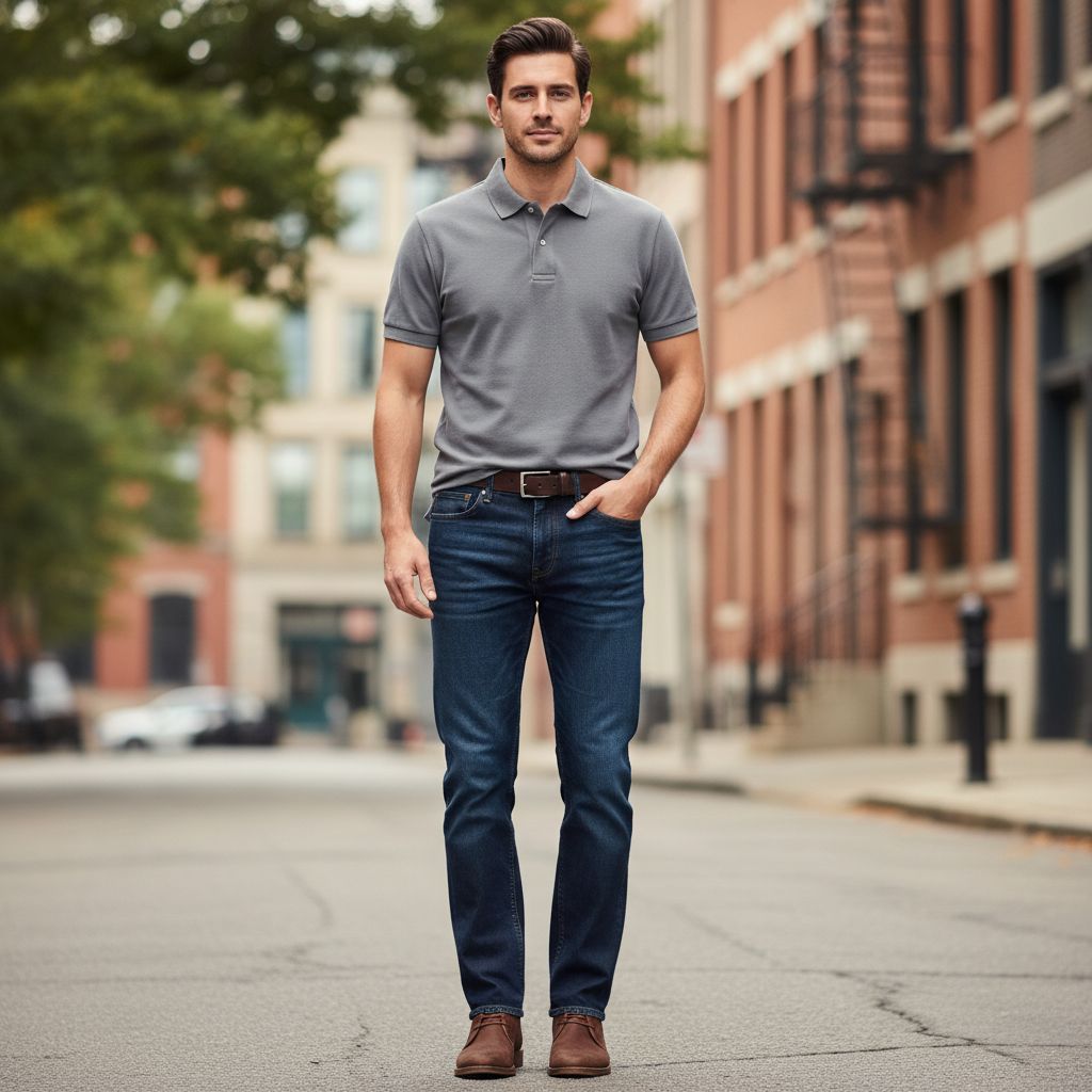8 Polo Shirt and Jeans Looks That Never Go Out of Style Grey Polo Shirt with Dark Jeans