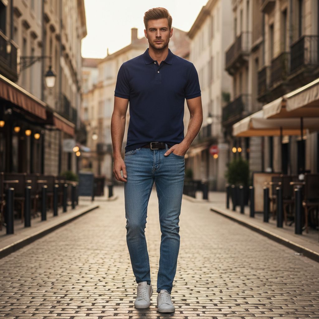 8 Polo Shirt and Jeans Looks That Never Go Out of Style Navy Polo Shirt with Light Blue Jeans