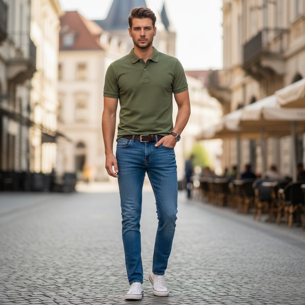 8 Polo Shirt and Jeans Looks That Never Go Out of Style Olive Green Polo Shirt with Blue Jeans