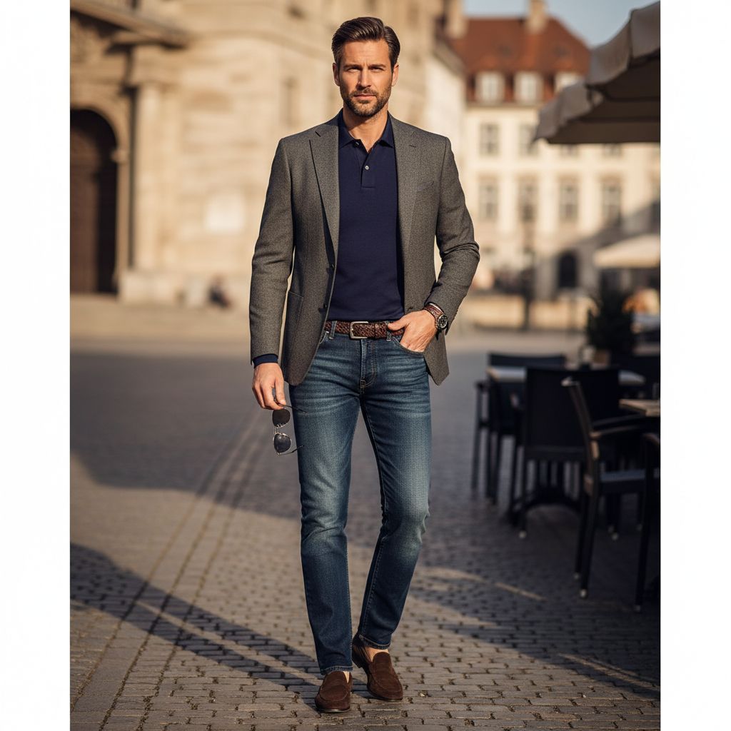 8 Polo Shirt and Jeans Looks That Never Go Out of Style Polo Shirt with Jeans and a Blazer