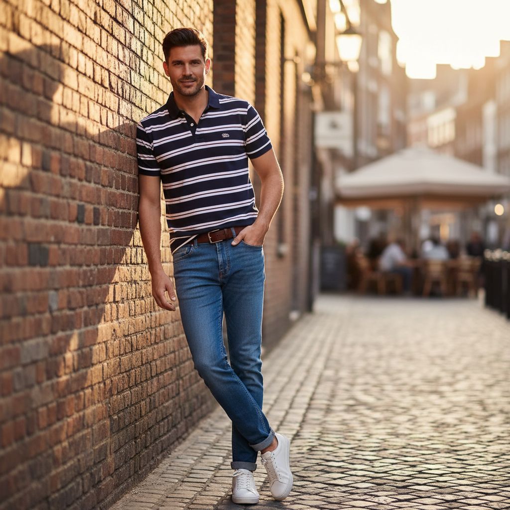 8 Polo Shirt and Jeans Looks That Never Go Out of Style Striped Polo Shirt with Slim Fit Jeans