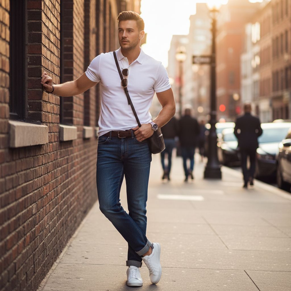 8 Polo Shirt and Jeans Looks That Never Go Out of Style White Polo Shirt with Dark Blue Jeans