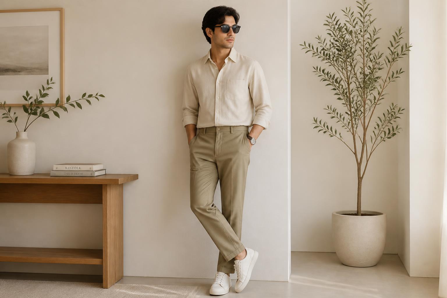 Beige or Cream Shirt with Khaki Pants Soft and Minimal fashion for men and women