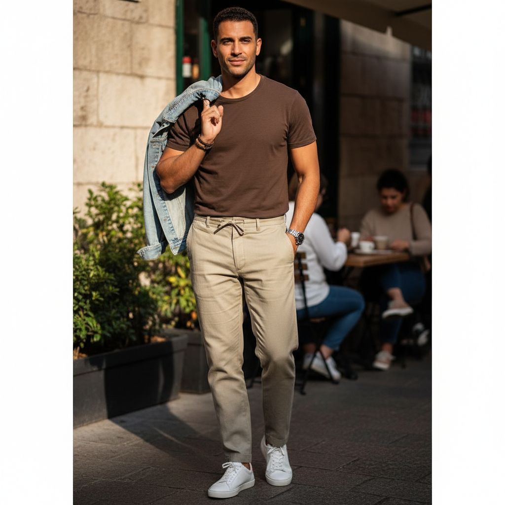 Best Casual Outfit Ideas for Men with Light Dark Skin Tone Dark Brown T shirt with Light Khaki Linen Pant 2