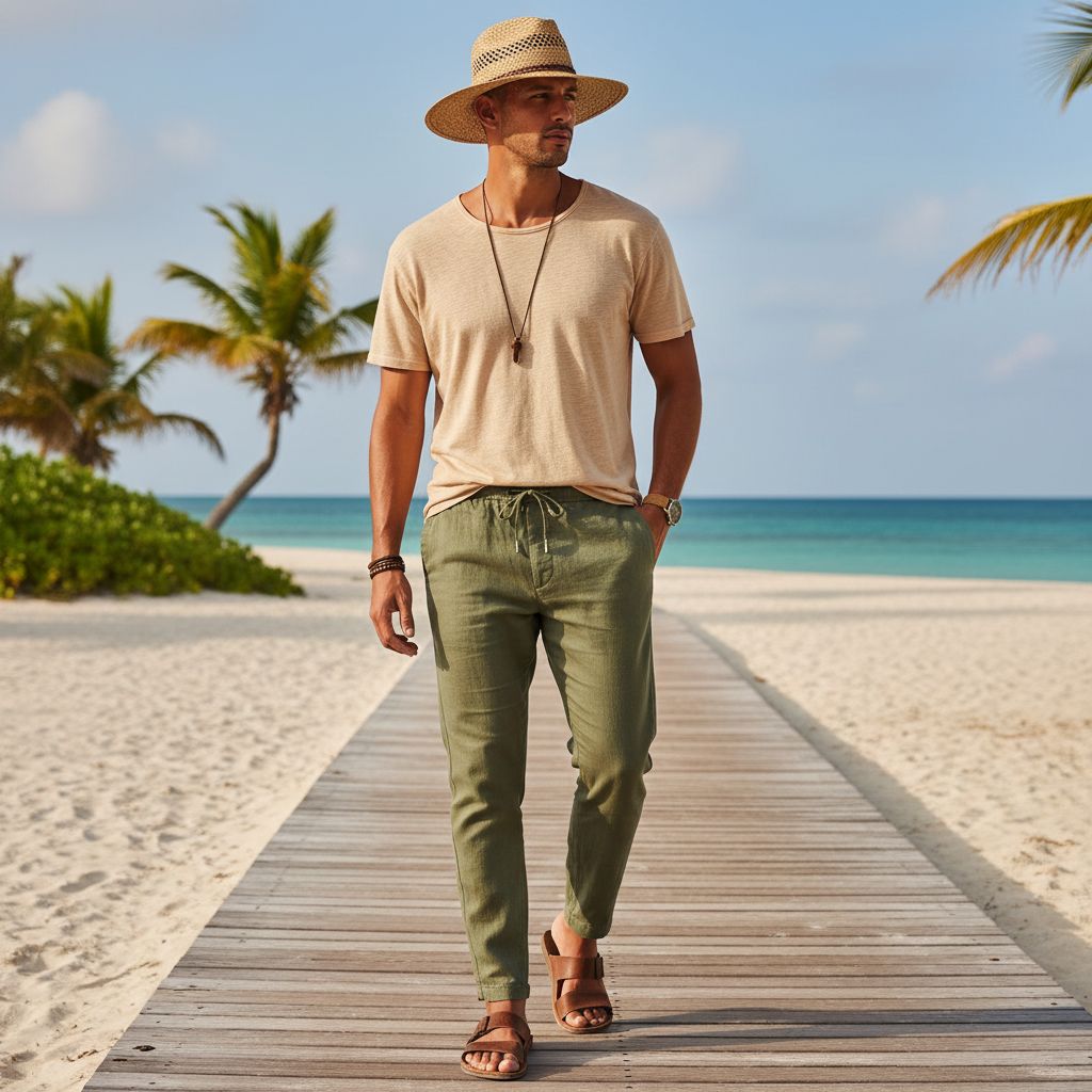 Best Casual Outfit Ideas for Men with Light Dark Skin Tone Sandal T shirt with Olive Green Linen Pant