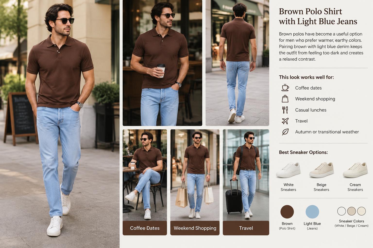Brown Polo Shirt with Light Blue Jeans