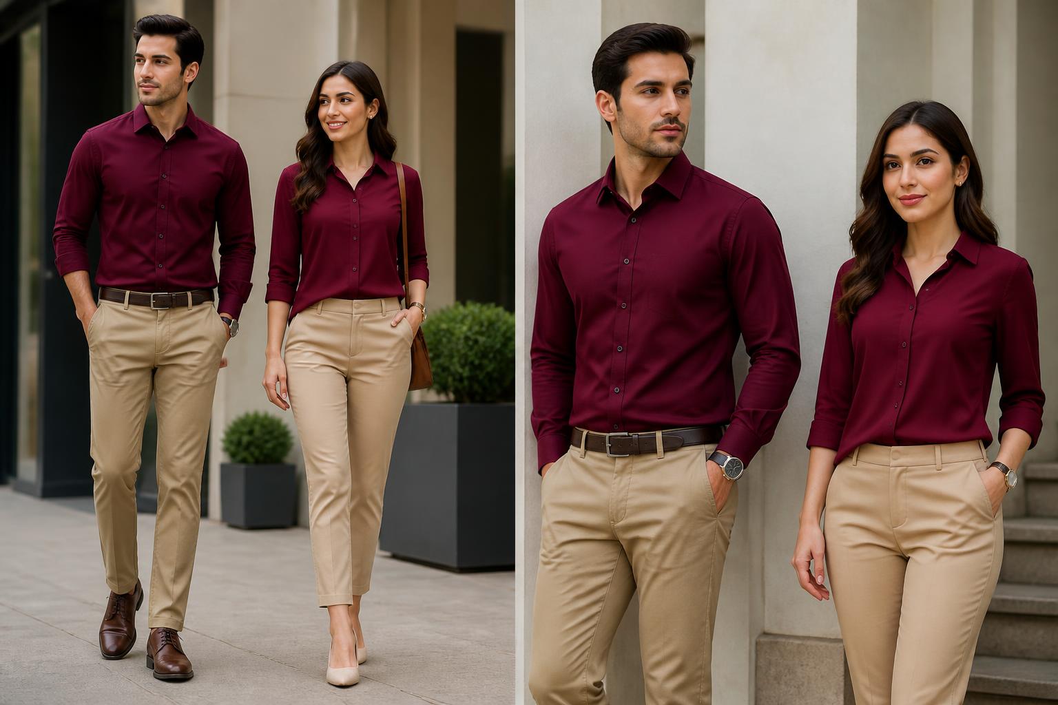 Burgundy or Maroon Shirt with Khaki Pants fashion for men and women