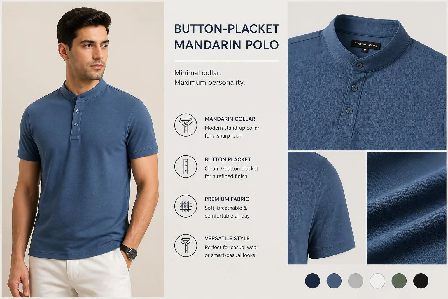 Button Placket Mandarin Polo
