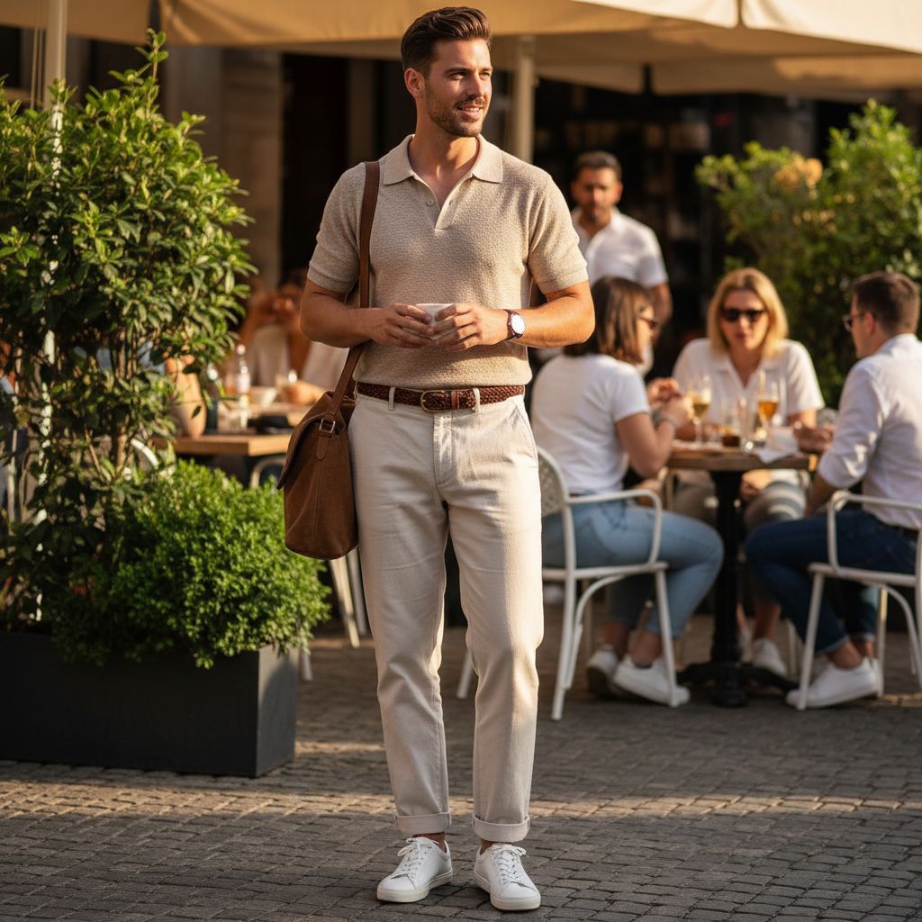 Casual Polo Outfits for Weekends and Social Plans Beige Polo With White or Cream Trousers