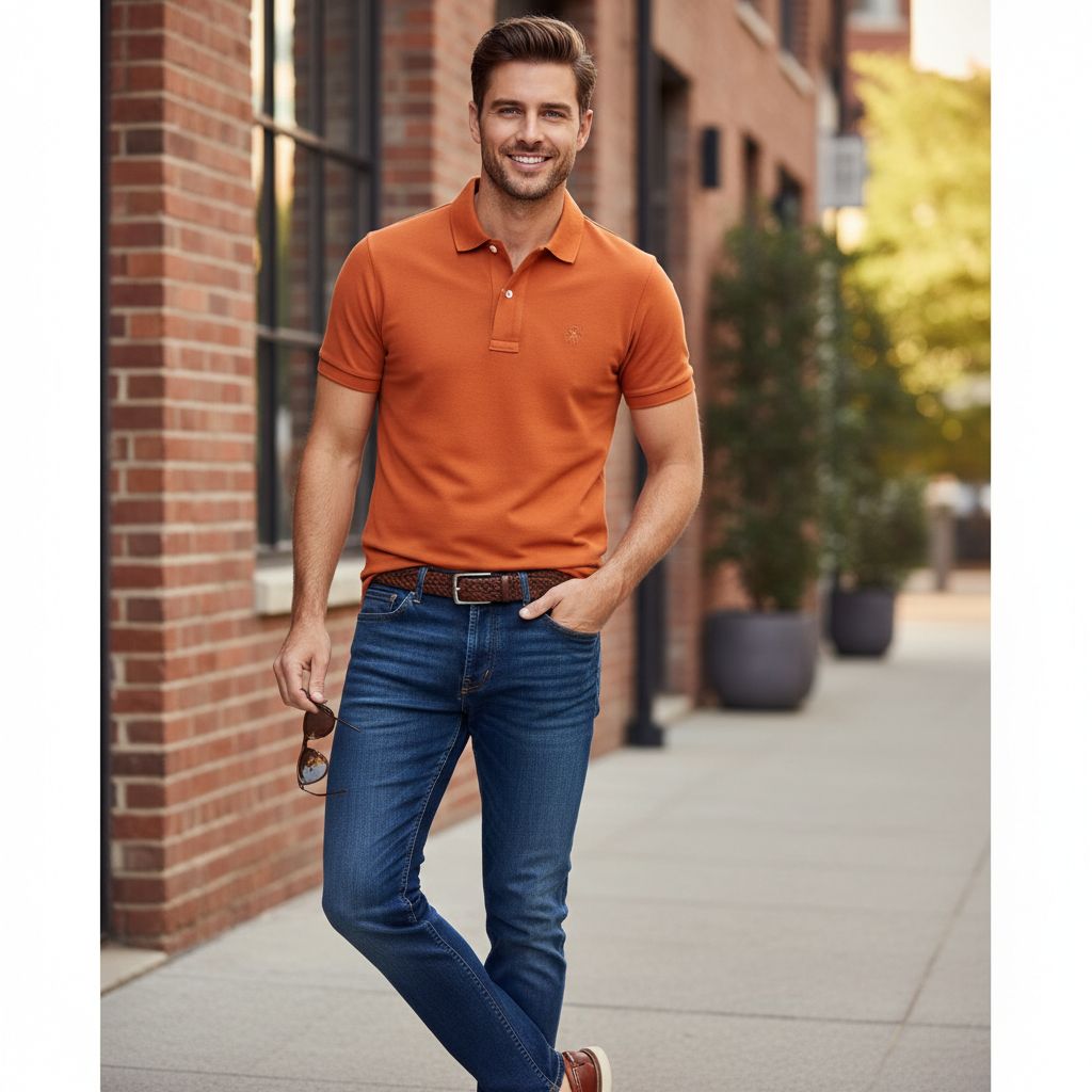 Casual Polo Outfits for Weekends and Social Plans Orange Polo With Dark Blue Jeans