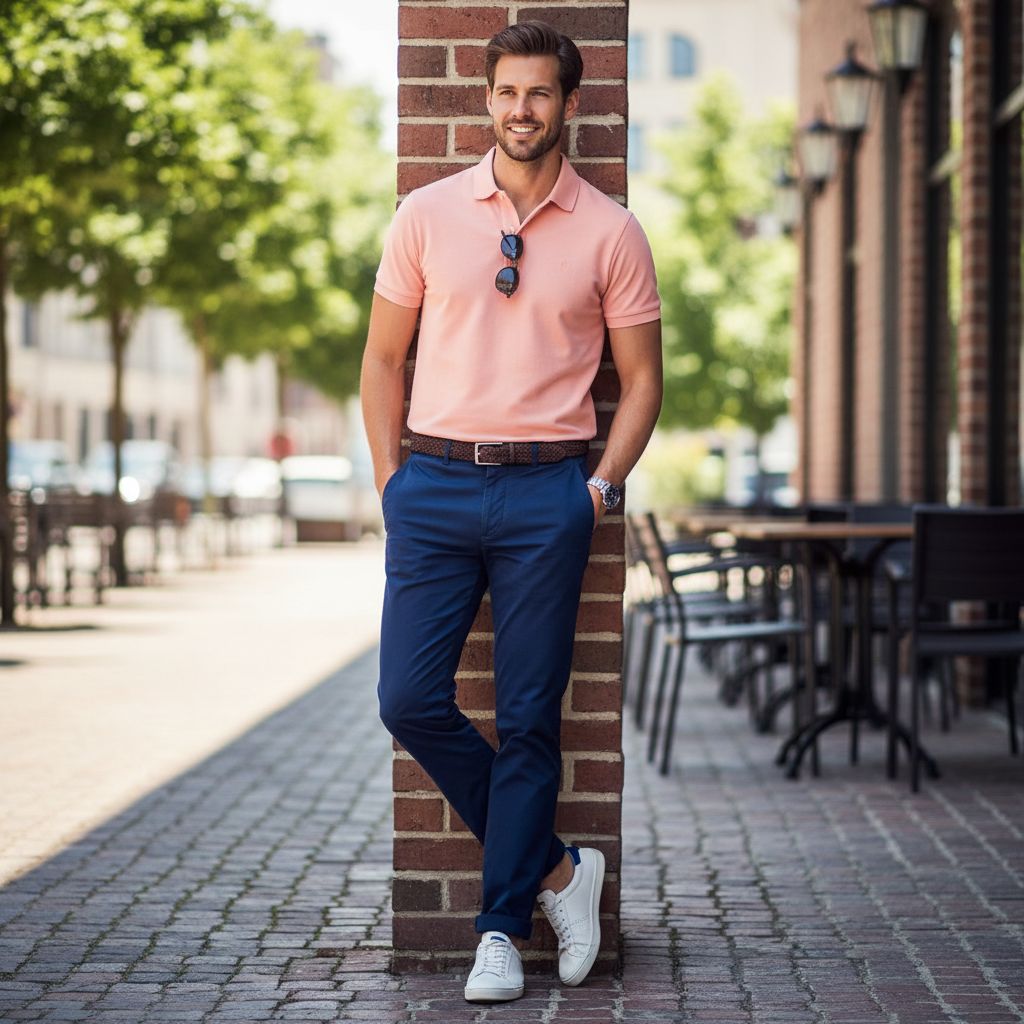 Casual Polo Outfits for Weekends and Social Plans Pink Polo With Navy Chinos