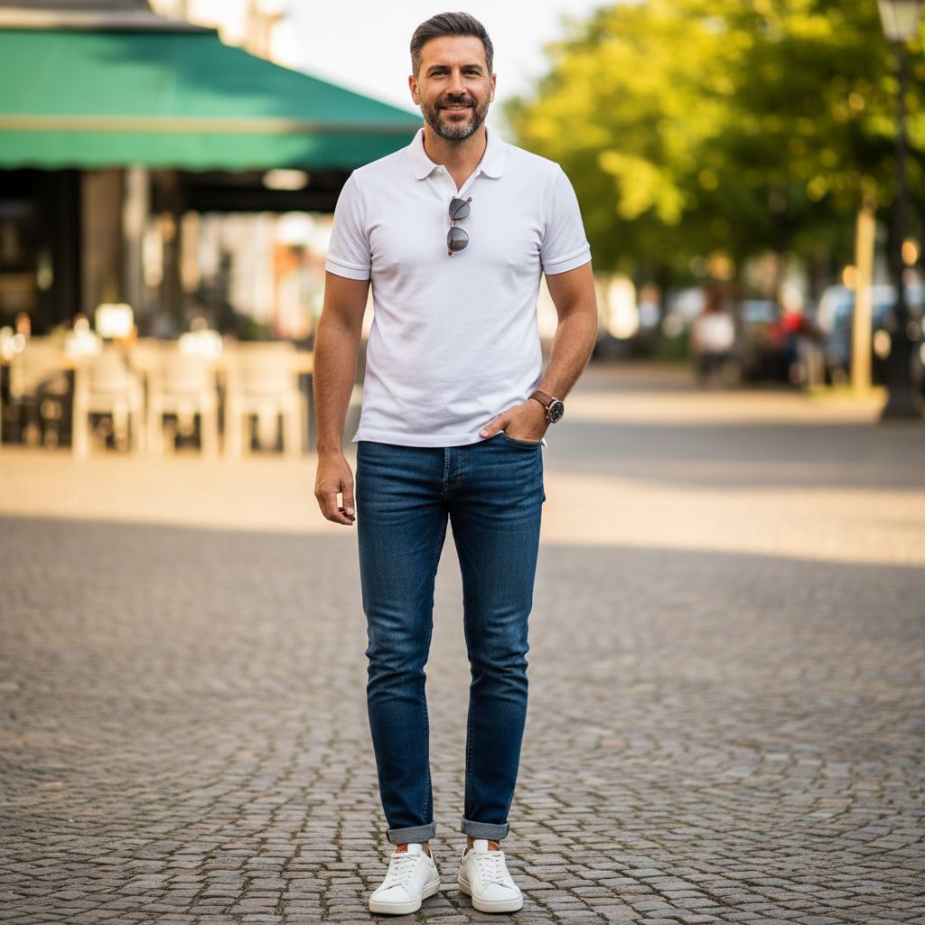 Casual Polo Outfits for Weekends and Social Plans White Polo With Dark Denim