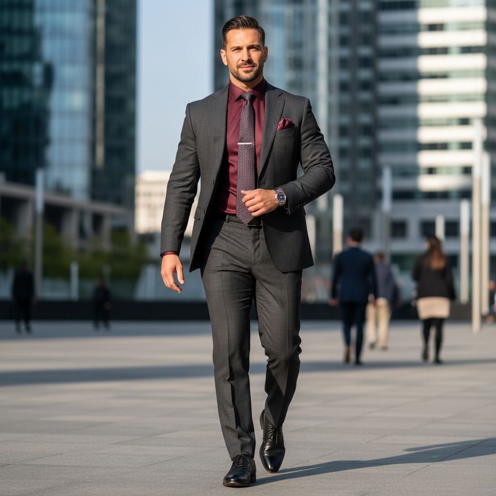 Burgundy provides warmth, while charcoal keeps the outfit grounded.