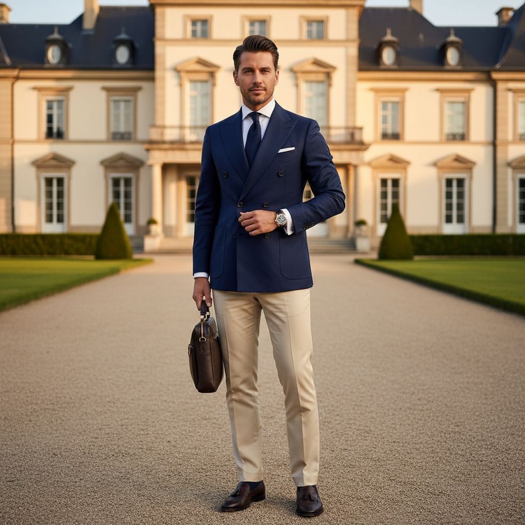 The dark top and lighter trousers create a clear but balanced contrast.