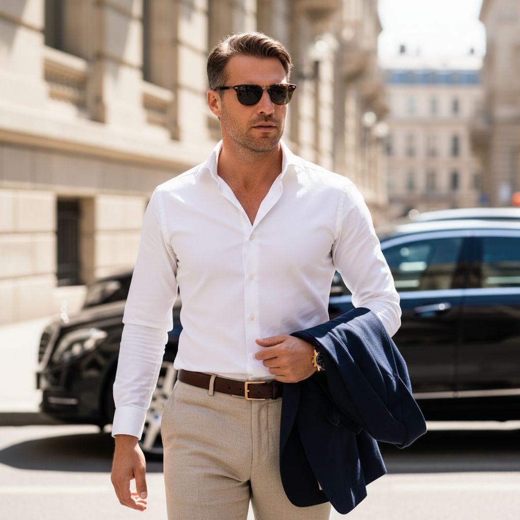 Combie Colors That Make Men Look Rich and Powerful White Shirt Beige Pants Mens Fashion