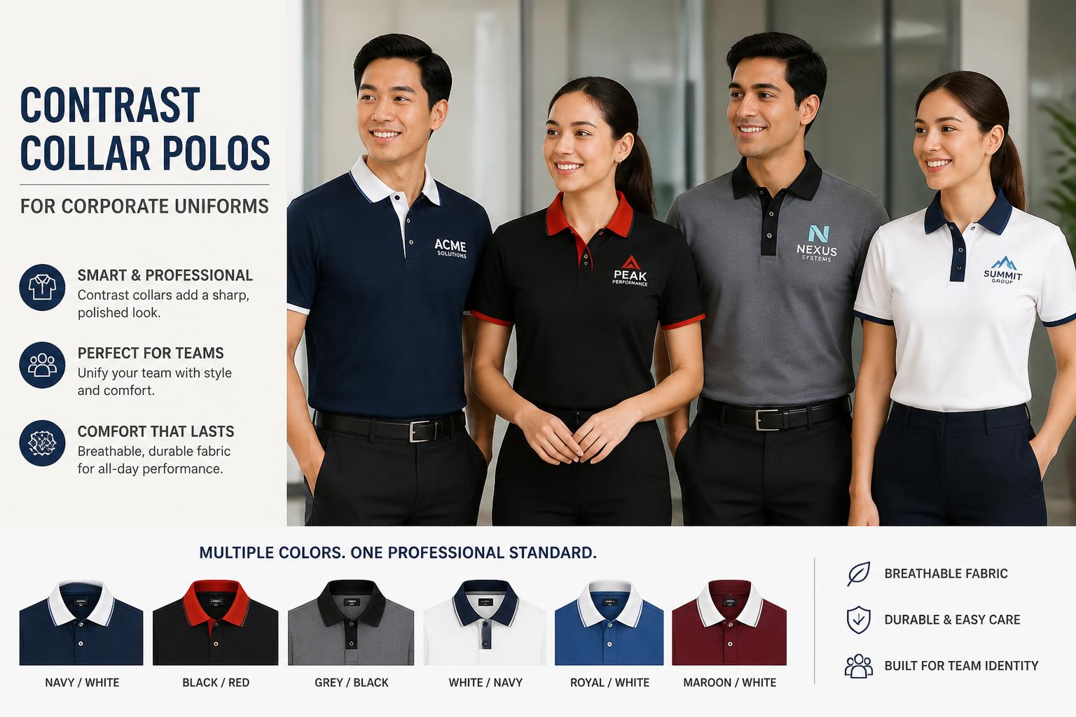 Contrast Collar Polos for Corporate Uniforms