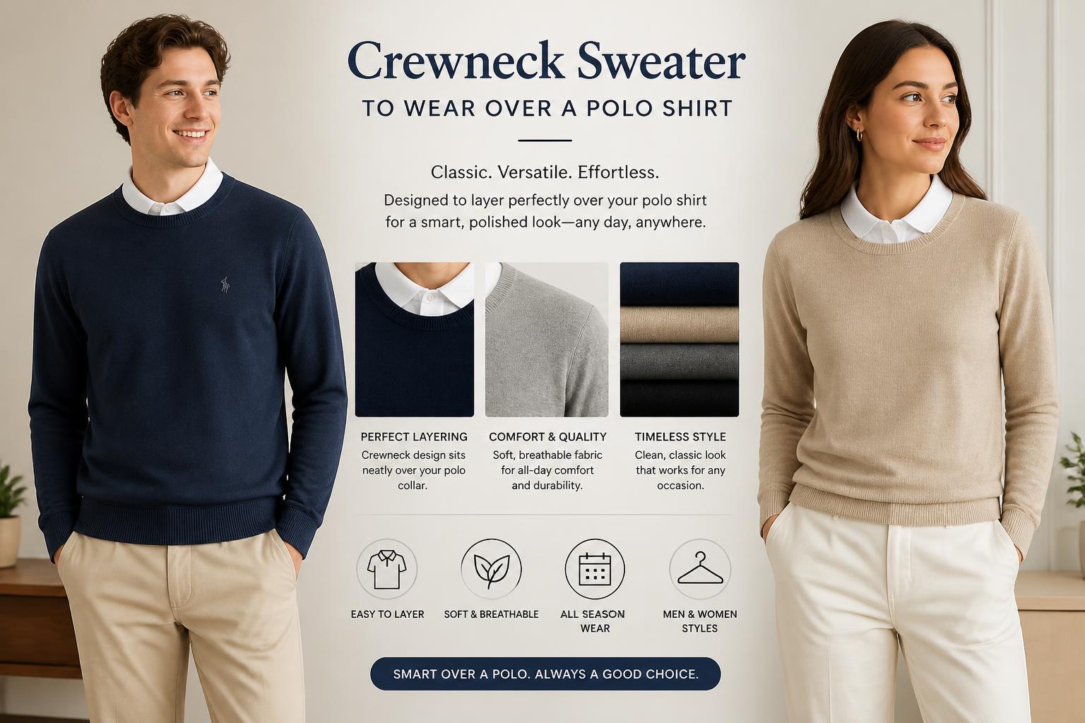 Crewneck Sweater to Wear Over a Polo Shirt Men and Women Fashion 3