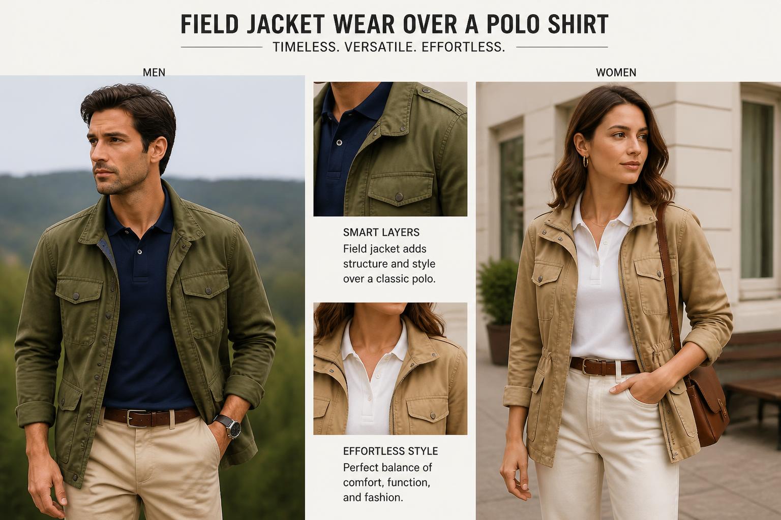 Field Jacket Wear Over a Polo Shirt Men and Women Fashion