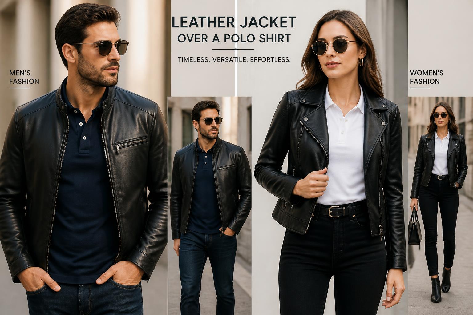 Leather Jacket Over a Polo Shirt Men and Women Fashion